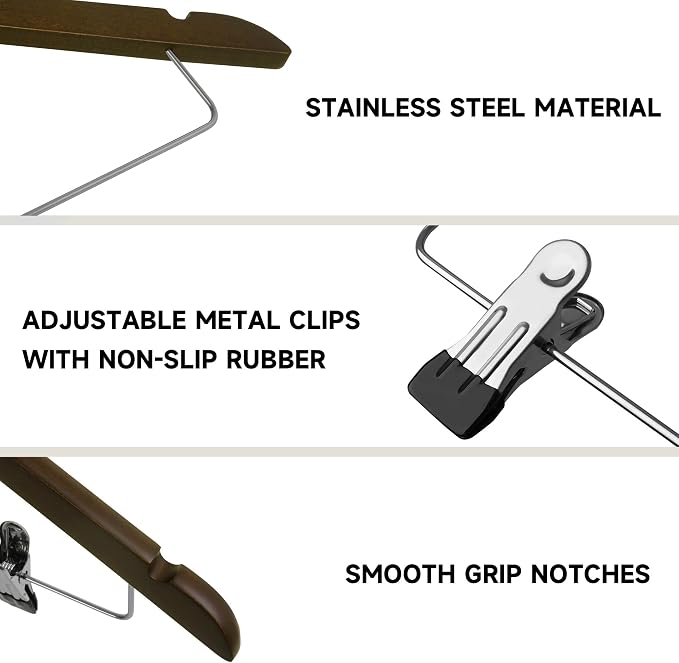 Wooden Hangers with Adjustable Metal Clips, 12-Pack, Walnut | Solid Wood Hangers with 360° Rotatable Hook for Skirt, Dress, Coats, Jacket and Pants, Space-Saving and Non-Slip Design - Image 4