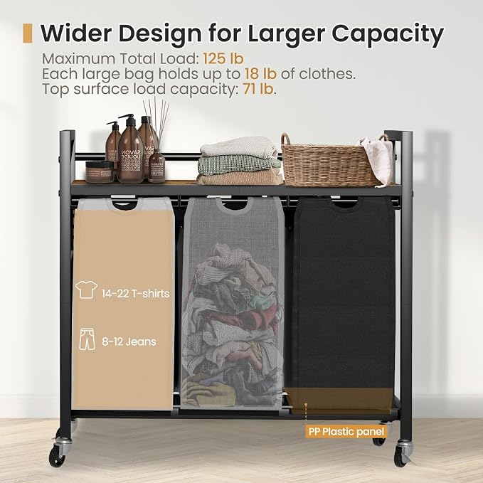 SwaaVee Laundry Sorter, Laundry Hamper 3 Section, 3×11.4Gal, Metal Frame Rolling Laundry Basket with Wooden Top Shelf, Pull out and Removable Laundry Bags, 3 Bags-Black Grey White - Image 3