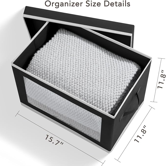 Storage Boxes with Lids - 4 Pack Fabric Clear Window Storage Bins, Large Decorative Storage Bins with Handles, Linen Closet Organizer for Clothes, Towel, Blanket, Black - Image 4