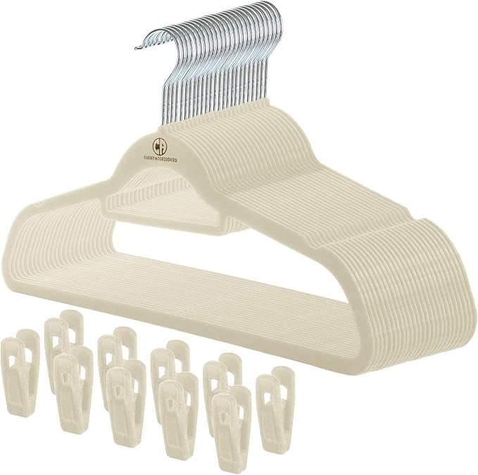 Velvet hangers, non-slip ultra slim space saving hanger, with notches, tie bar, and swivel hooks, 30 pack, with bonus 20 matching velvet finger clips. (ivory [beige/white]) by ClosetAccessories