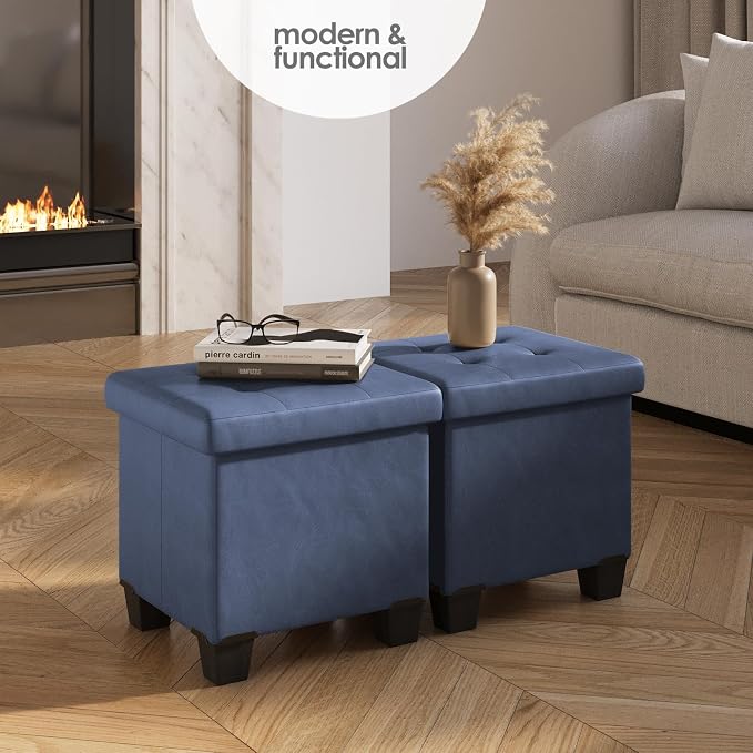 Storage Ottoman Cube with Small Bin, 15-in Square Ottoman with Storage for Living Room and Bedroom, Small Ottomans Foot Rest, Leather Foot Stools Ottomans Max 330lbs, Blue - Image 2