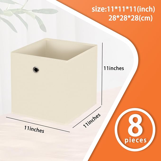 Foldable Storage Cubes Bins ,11 Inch Cloth Storage Cube Fabric Storage Box Cubes Organizer Baskets with Handles for Home Organizer Set of 8 (Creamy-White) - Image 2