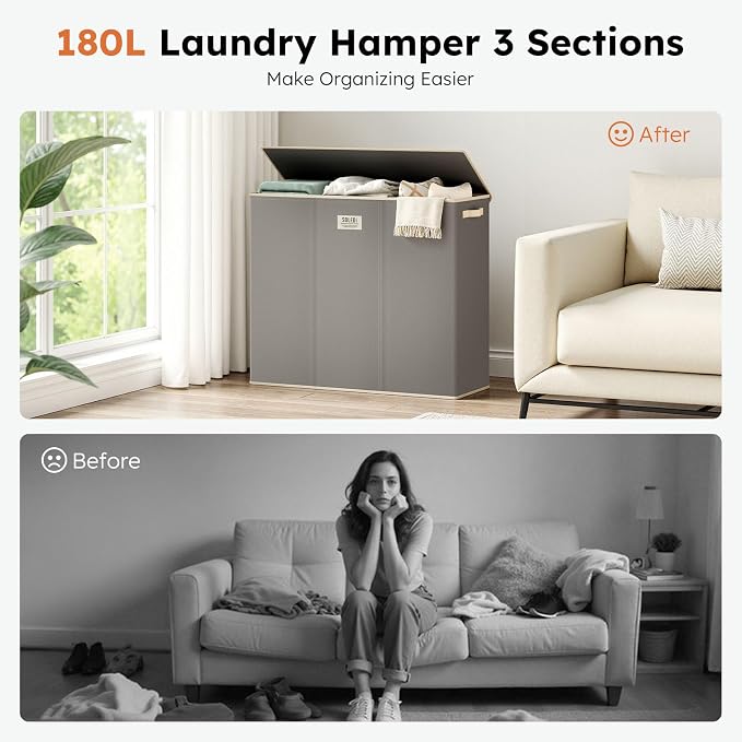 SOLEDI 180L 3-Section Laundry Hamper with Lid, Extra Large Dirty Clothes Basket with Sturdy Handles for Laundry Room & Bedroom - Durable Organizer for Sorting Laundry - Image 7