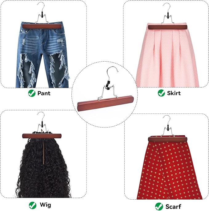 Nature Smile Wooden Non-Slip Pants Skirt Hangers - Smooth Finish Solid Wood Jeans Slack Clamp for Hair Extensions (20 Pack Cherry) - Image 6
