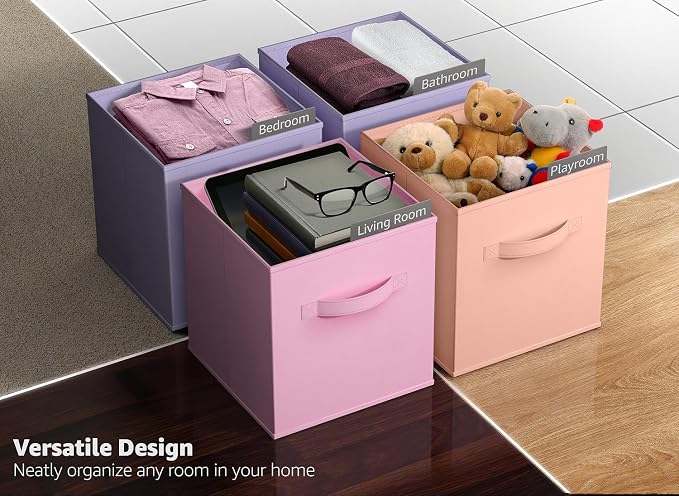 Sorbus Storage Cubes - 11" Foldable Storage Bins with Handle for Nursery, Playroom, Closet Organizers and Storage - 6 Fabric Shelf Basket for Toys, Books, Clothes - Orange Purple & Pink Storage Cubes - Image 5