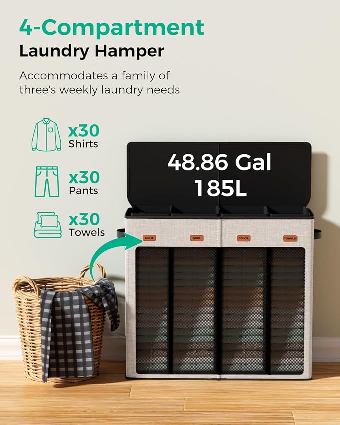 185L Laundry Hamper 4 Section with Lid & Removable Bags | Collapsible laundry basket organizer for laundry room, bedroom & dorm with 5 removable washing bags - Image 4