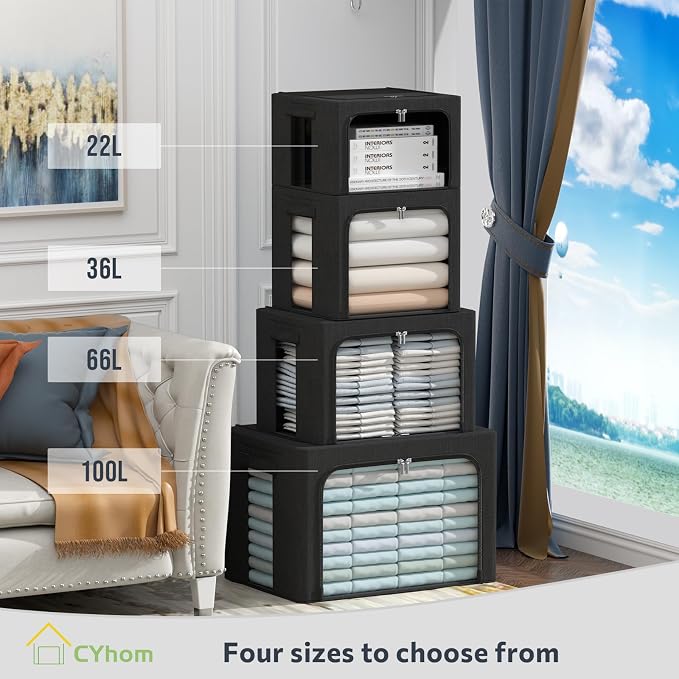 CYhom Extra Large Clothes Storage Bins Box - Linen Fabric Foldable Stackable Container Organizer Set with Clear Window & Carry Handles & Metal Frame (Black, Extra Large-100L) - Image 3