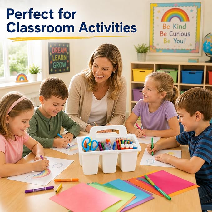 8 Pack Classroom Caddy Storage Basket with Handle 4 Compartment Storage Caddy Plastic Arts Crafts Caddies Protable Classroom Craft Caddies for Kids Schools Art Craft Supplies(White) - Image 5