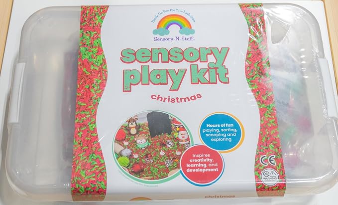 Christmas Sensory Bin Kit for Kids | Christmas Theme Red & Green Rice, Xmas Accessories, Santa Claus & Wooden Tools – Includes Clear Storage Bin - Image 9
