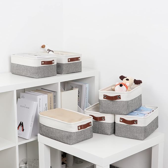 DULLEMELO Small Storage Baskets 6 Pack, Fabric Collapsible Gift Storage Baskets for Shelves, Closets, Nursery, Home, Office Organizing,Small Canvas Linen Rectangular Storage Bins (6-Pack, White&Grey) - Image 5