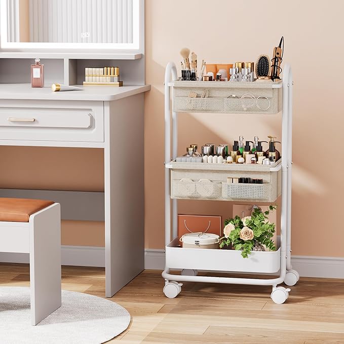 Modanais Baby Diaper Caddy Organizer Cart - 3 Tier Rolling Cart, Off White | Lockable Wheels, Baby Essentials Nursery Storage, Detachable Dividers - for Crib, Bedroom, Art & Craft Organizer - Image 5