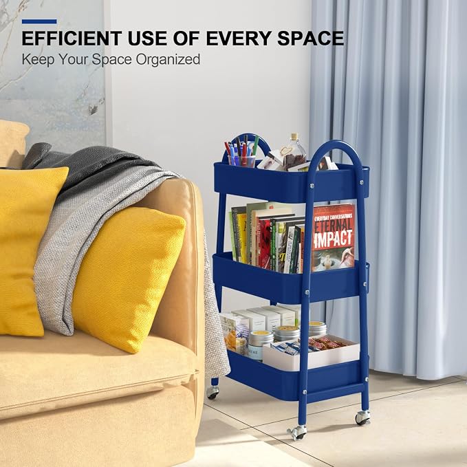 3 Tier Utility Rolling Cart, Metal Storage Cart with Handle and Lockable Wheels, Multifunctional Storage Organizer Trolley with Mesh Baskets for Kitchen, Living Room, Office, Garage (Indigo) - Image 7