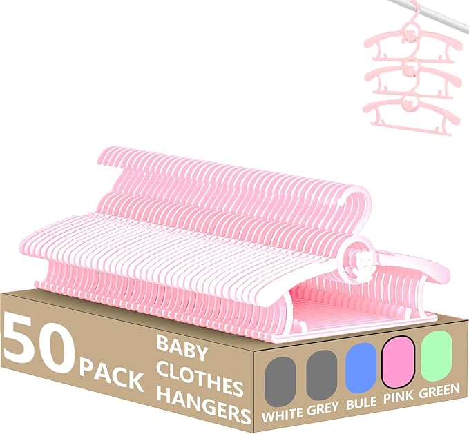 Kid Clothes Hangers 50 Pack, Plastic Baby Hangers Space Saving for Closet | Pink Hanger for Toddler Girl, Lightweight Anti-Slip Cascading Adjustable Children Infant Hangers, Ganchos para Ropa de Bebe by HGYZE