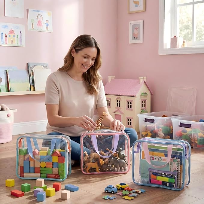 Shinylin 6 Packs Large Toy Storage Bags with Labels Clear PVC Toy Organizer with Zipper Colorful Classroom Storage Reusable Waterproof Organizer for Playroom School Blocks Game (Mix Pastel Color) - Image 4