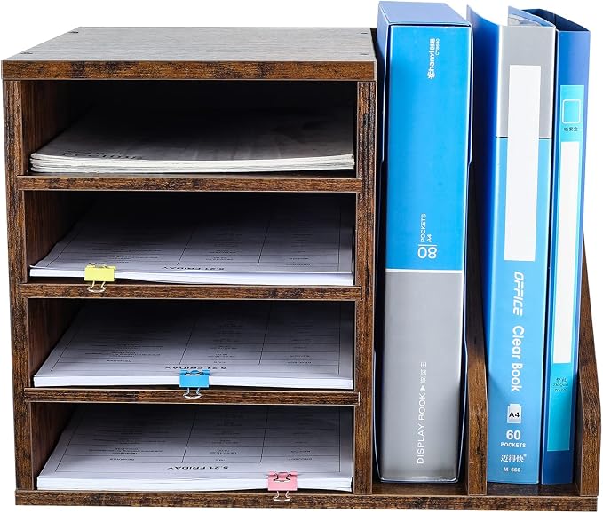 Wood Desktop File Holder Organizer Mail Sorter for File Folders, Mails, Envelopes, Mailing Supplies or Magazines, Brown - Image 2