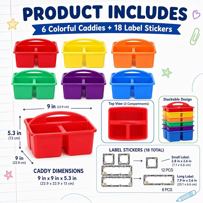 6 Pack Large Colorful Classroom Caddy Organizer with Composition Notebook Label Stickers 3 Compartments Teacher Supply Storage Caddy Table Caddies Holder for Classroom Desk Craft Art School Supplies - Image 2