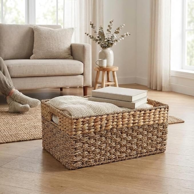 Large Wicker Storage Baskets with Handles, 17 x 11 x 7.5 Inches | Natural Seagrass and Hyacinth, Woven Storage Basket, For Organizing Shelves, Closet, Pantry, Living Room - Image 8