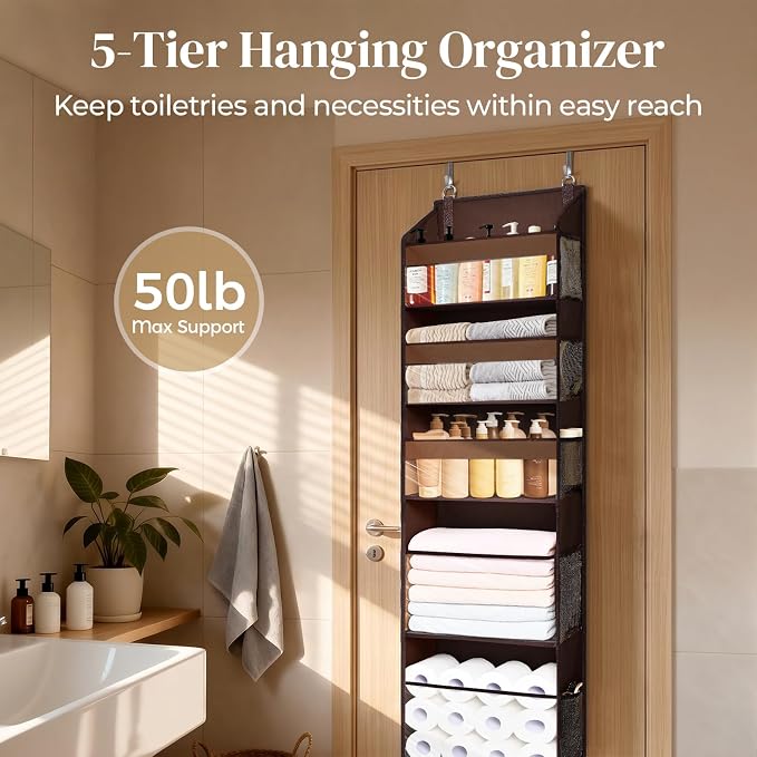 5 Tiers Over Door Organizer with 10 Mesh Side Pockets, 44 lbs Weight Capacity Hanging Storage Organizer with Clear Window Kids Toys, Shoes, Diapers, Dark Brown - Image 3