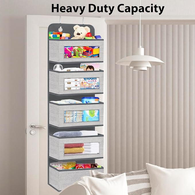 2 Pack Over the Door Hanging Organizer with 5 Large Pocket and Clear Window, Sturdy Over the Door Storage Organizer for Closet, Pantry, Bathroom,Bedroom, Nursery, Dorm (Grey) - Image 8
