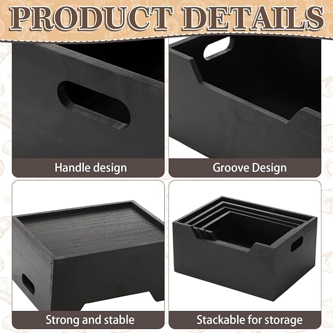 4 Pack Wood Crates Nesting Storage Baskets Decorative Farmhouse Wooden Organizer Crates Boxes with Open Front and Handle Rustic Nesting Baskets for Fruit Vegetable Kitchen Bathroom (Black) - Image 3