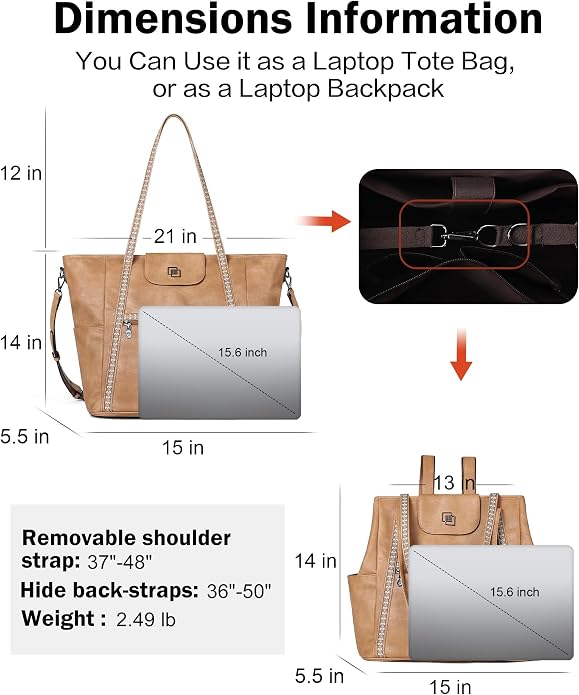 Large Laptop Tote Bag for Women Designer Leather Laptop Bag, 15.6in | Fashion Travel Backpack Purse Shoulder Handbag Fits 15.6 Laptop, Daily, Work, Business Trip, Weekend Travel, Teacher - Image 4