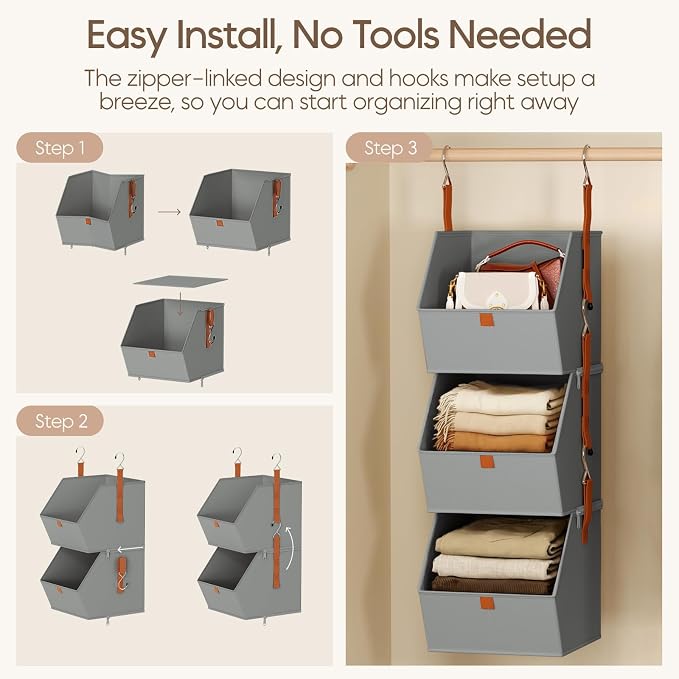 Collapsible Hanging Closet Organizer - 6 Tier Closet Shelves Storage System with Hooks, Fabric Hanging Storage Bins for Clothes, Foldable Storage Basket for Laundry, Bedroom, Rv, Grey - Image 7