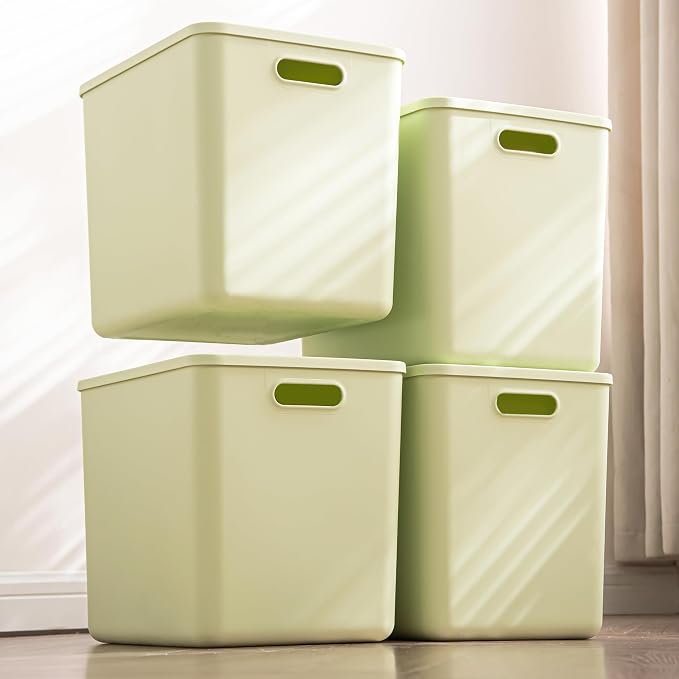 4 pack large plastic White storage bins with Lids, Toy Box Chest with Handle，Organizer Containers Baskets for Baby,Nursery，Shelves，Playroom, Bedroom，Office,Closet，home (Light Green, 4XL) by Gaoaodeyu