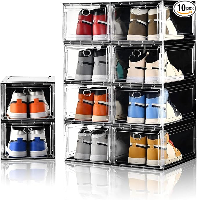 10 Pack Shoe Storage, Stackable Shoe Organizer, Clear Shoe Boxes for Closet | Plastic Shoe Containers with Magnetic Door, Sturdy Sneaker Storage Organizer, Shoe Cabinet Fit up to US Size 12 by Amllas