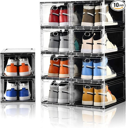 10 Pack Shoe Storage, Stackable Shoe Organizer, Clear Shoe Boxes for Closet | Plastic Shoe Containers with Magnetic Door, Sturdy Sneaker Storage Organizer, Shoe Cabinet Fit up to US Size 12 by Amllas