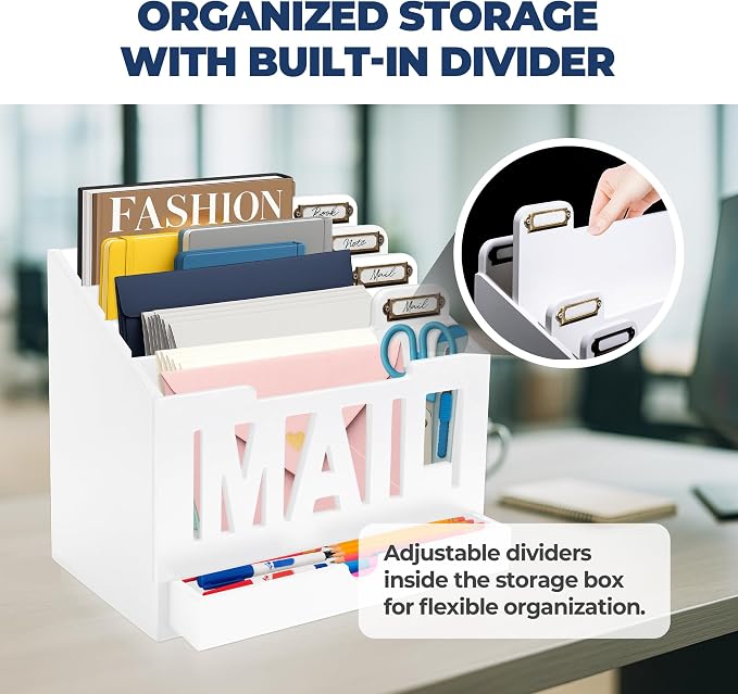 Mail Organizer Countertop, Desktop Mail Sorter with Drawer & Label Tags, WH | Bills, Letters, Envelopes & Receipts - Image 6