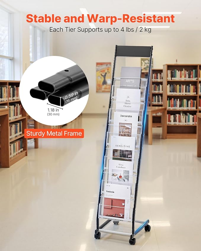 VEVOR Brochure Display Rack, Narrow 6-Tier Magazine Literature Display Stand with Wheels, Metal Floor Standing Magazine Rack, Movable Newspaper Catalog Holders for Shop Exhibitions Office (6 Pockets) - Image 3