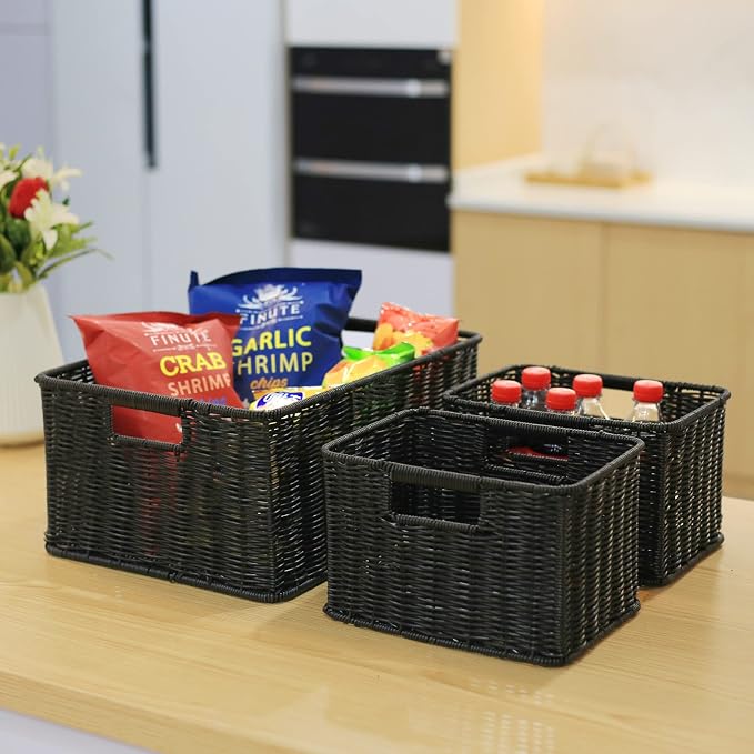HOONEX Large Wicker Baskets for Storage, Woven Plastic With Dual Handles, Set of 3, Black - Image 2