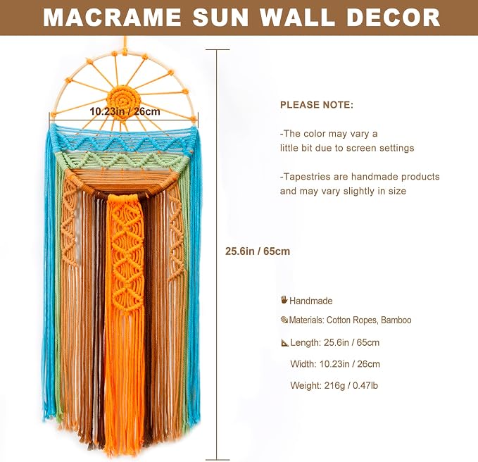 Artilady Macrame Wall Hanging Tapestry, Boho Sun Art Decor Dream Catcher | Large Wall Tapestry, Handmade Woven, Farmhouse Rustic, Colorful Sunset Wall Art, Bedroom Living Room Apartment Home Decor - Image 4
