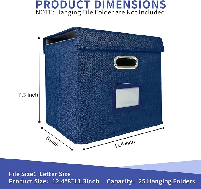 2 Pack Hanging File Folder Box with Lid, Durable Letter Size Filing Storage Box, Sturdy File Holder with Cardboard Support PVC Rails for Office Home Organizer, Blue - Image 3