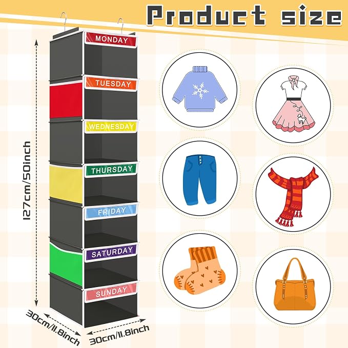 2 Pcs 7 Shelf Weekly Clothes Organizer for Kids Hanging Closet Organizer 11. 8 x 11. 8 x 50 Inch Daily Activity Kids Clothes Storage Drawers Cube Drawers Closet Hanging Shelves (Grey) - Image 2