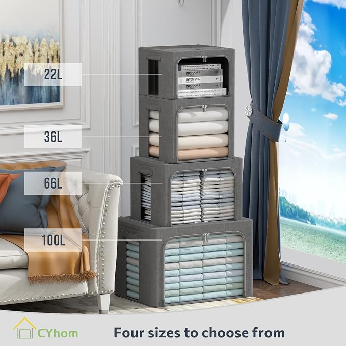 Clothes Storage Bins Box - Linen Fabric Foldable Stackable Container Organizer Set with Clear Window & Carry Handles & Metal Frame - 2Pack Large Capacity for Bedding, Blankets, Books - Image 3