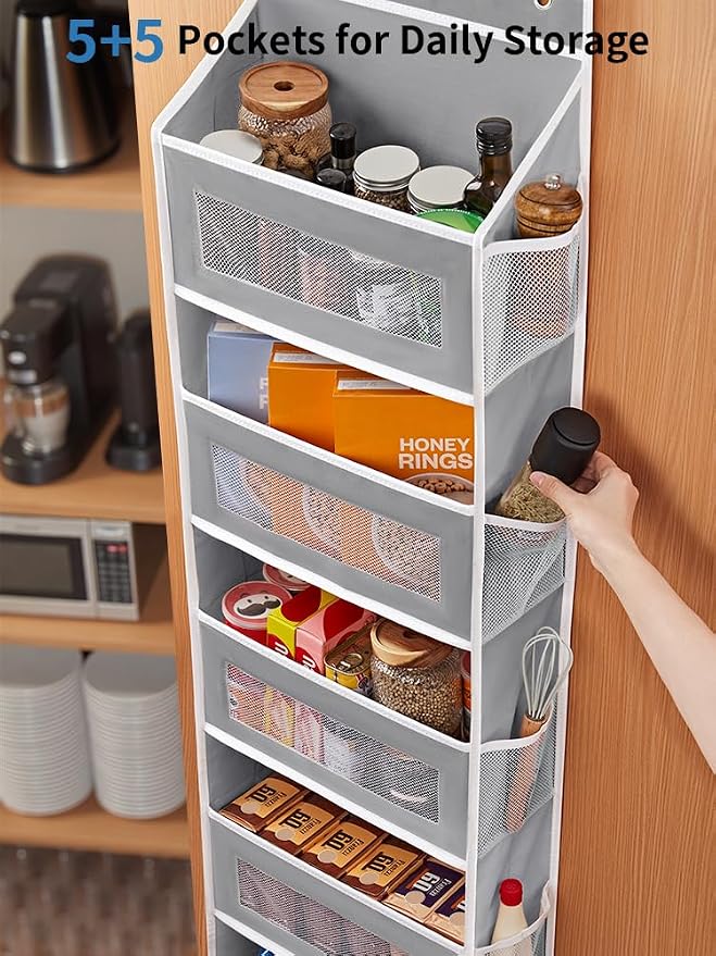 JARLINK Over the Door Organizer for Bedroom, Pantry, Bathroom, 5 Shelf Grey | Anti-Tilt Design, 44 lb Load Capacity, Hanging Door Organizer with 5 Large Capacity Pockets, Behind Door Storage for Nursery - Image 5