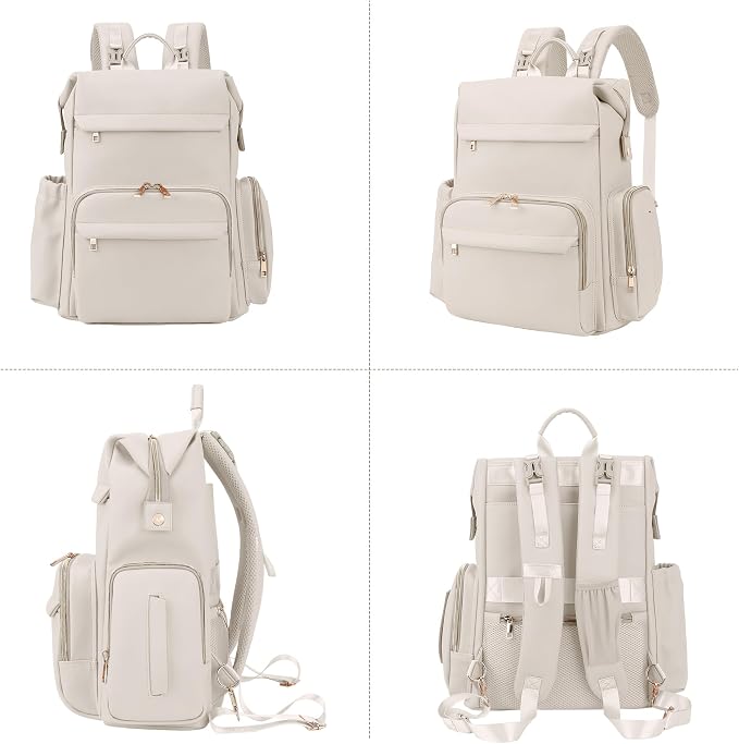 Large Capacity Diaper Bag Backpack with Changing Pad, Waterproof Baby Travel Backpack for Parents-Beige - Image 3