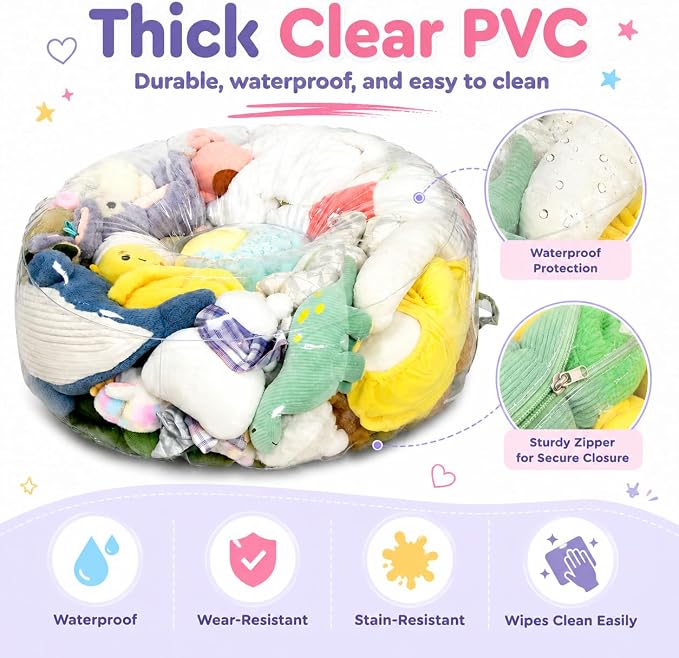 Clear Stuffed Animal Storage Bean Bag Chair Cover for Kids with Zipper | Transparent Waterparoof, Wipe Clean Thicker PVC, Holds 50+ Stuffed Animals, Double Zipper for Plush Toys Storage & Organizing - Image 5