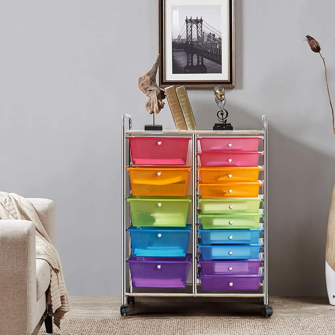RELAX4LIFE 15 Drawer Rolling Storage Cart, Mobile Drawer Carts for Craft Art Supply Paper Salon, Utility Cart on Wheels for Classroom Teacher School Office, Rolling Cart with Drawers (Color) - Image 7