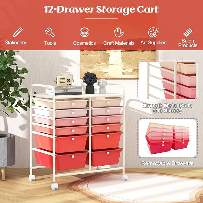 12 Drawer Rolling Storage Cart, Craft Cart Organizer on Wheels w/Metal Frame, Large Capacity & Smooth Drawer, Rolling Cart w/Drawers for Classroom, Office - Image 5