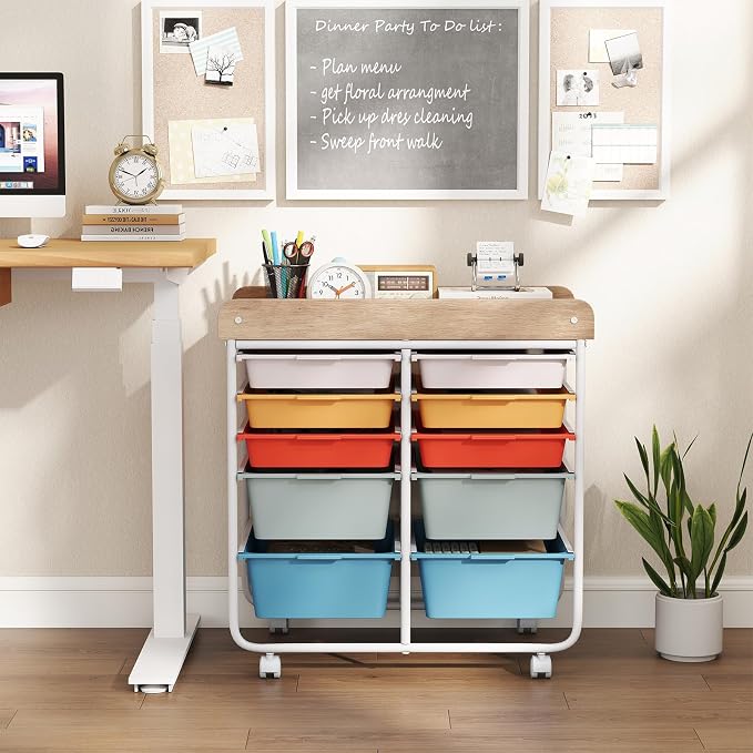 Rolling Storage Cart with 10 Drawers, Plastic Large Capacity Craft Organizer on Wheels with Wooden Top, Mobile Art Supply Utility Cart for Classroom, Home, Office - Image 8