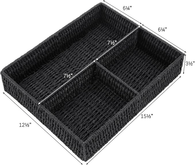 Wicker Divided Storage Basket, Black Wicker Baskets, Basket for Shelves Drawer Organizing, 3 Section Rectangular Woven Storage Baskets, 2-Pack - Image 2