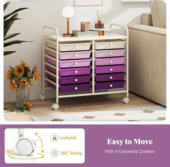 RELAX4LIFE 12-Drawer Rolling Storage Cart - Mobile Utility Cart on Wheels for School Classroom Teacher Office Salon, Paper File Art Supply Craft Organizer, Rolling Cart with Drawers (Gradient Purple) - Image 5