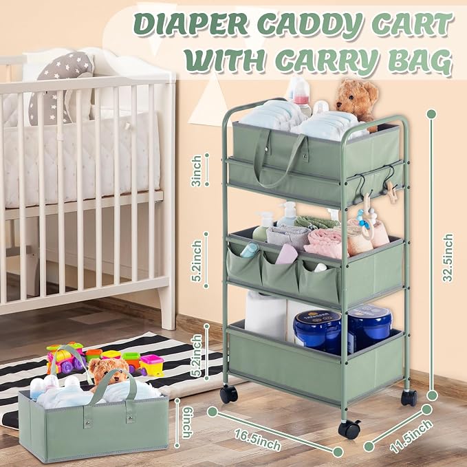 Honeydak 2in1 Baby Diaper Caddy Organizer Cart 3 Tier Large Capacity Metal Utility Bedside Rolling Cart with Divider Newborn Registry Nursery Essential Must Have Crib Bedroom Baby Shower(Green) - Image 2