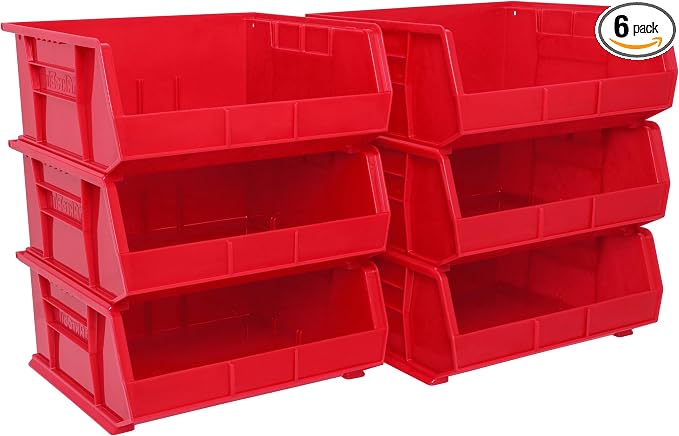 Akro-Mils 30250 AkroBins Plastic Storage Bins, 15"x16"x7", Red, 6-Pack | Space-Saving Stackable Bins for Garage, Pantry, Craft Organization by Akro-Mils