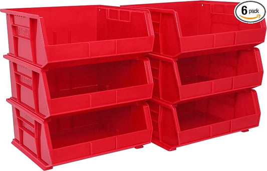 Akro-Mils 30250 AkroBins Plastic Storage Bins, 15"x16"x7", Red, 6-Pack | Space-Saving Stackable Bins for Garage, Pantry, Craft Organization by Akro-Mils