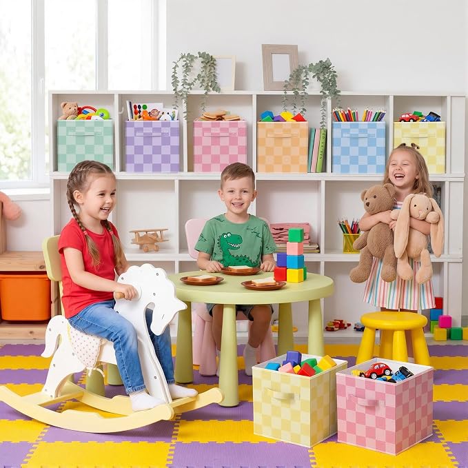 Potchen 6 Pcs Fabric Cube Storage 11'' Colorful Checked Bins,Bright Style | Collapsible Cubes with Handles for Closet Shelves Nursery, Classroom Decor, Plaid Organizer Baskets, Back to School Supplies - Image 5
