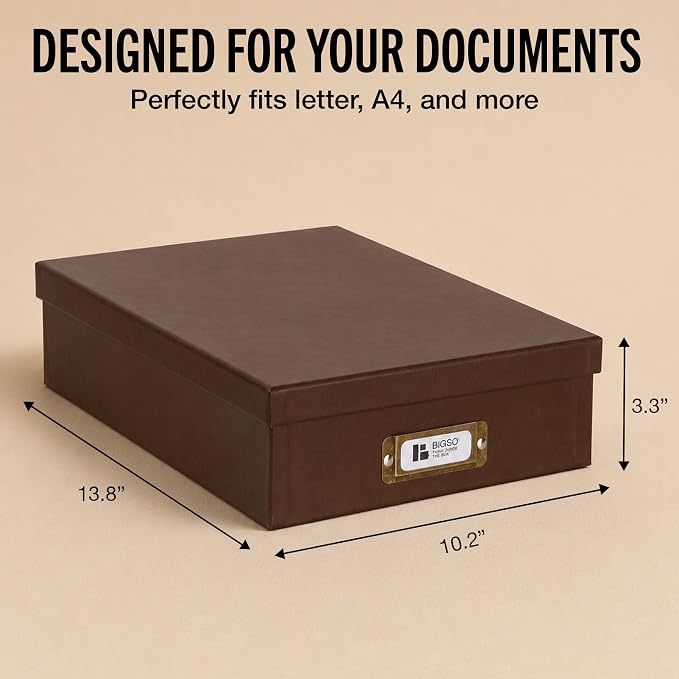 Bigso Oskar Fiberboard Document Storage Box with Lid for A4 and Letter Size Papers - Stylish, Sturdy, and Stackable Keepsake Box with Label Holder - W10.2in x D13.8in x H3.3in - Recycled Leather - Image 4