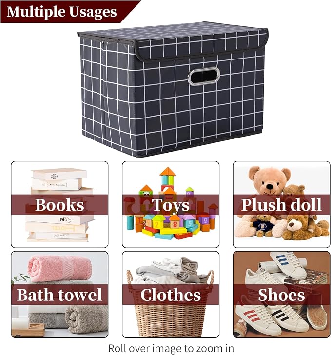 STOREONE Fabric Storage Cube Bins Foldable Organizer Container Collapsible Basket with Lids and Metal Handles, for Home, Bedroom, Closet 6 Pcs (Black grid) - Image 3